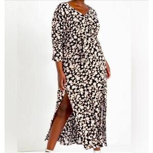 Eloquii Floral Dress with Double Front Slits v-neck black white plus size 24